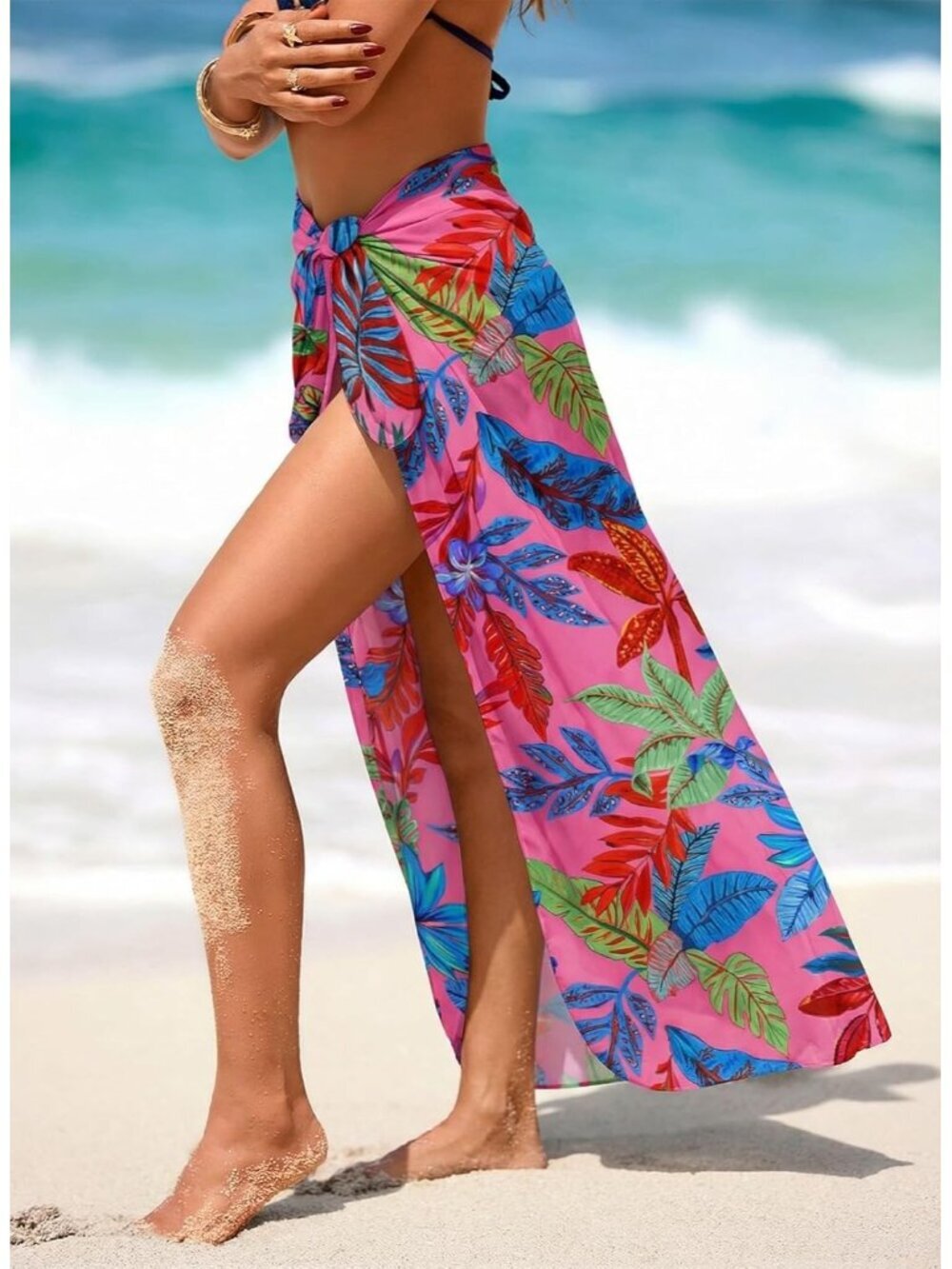 Women's Rose Tropical Leaf Swimsuit High Slit Summer Floral Print Wrap Beach - Picture 3 of 6